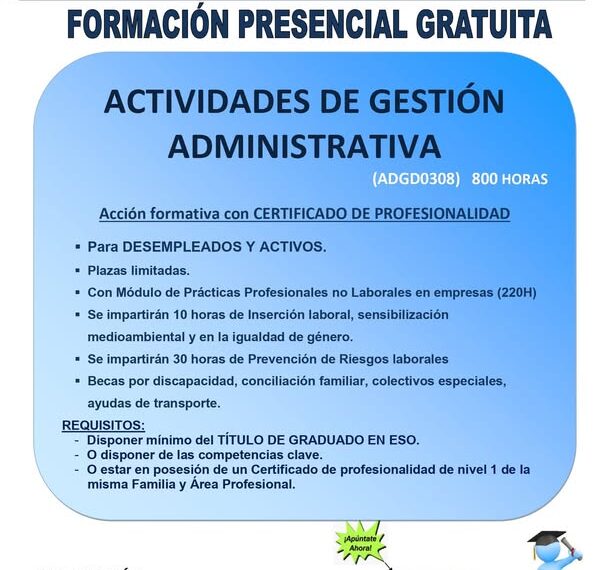 Nueva Formación Gratuita en Gestión Administrativa para Desempleados en Almagro