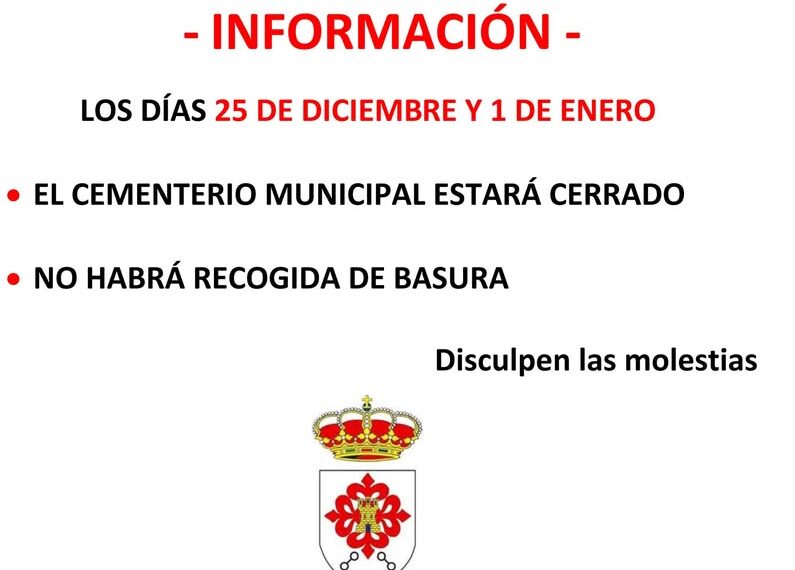 Aviso: Cierre de Cementerio y Suspensión de Basura el 25 de Dic. y 1 de Ene.