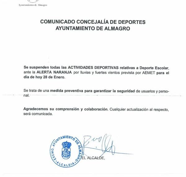 Se suspenden actividades deportivas hoy, miércoles 28 de enero.