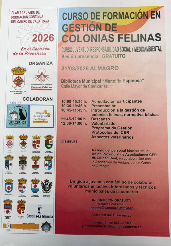 Curso Gratuito de Gestión de Colonias Felinas en Almagro: 21 de Marzo 2026