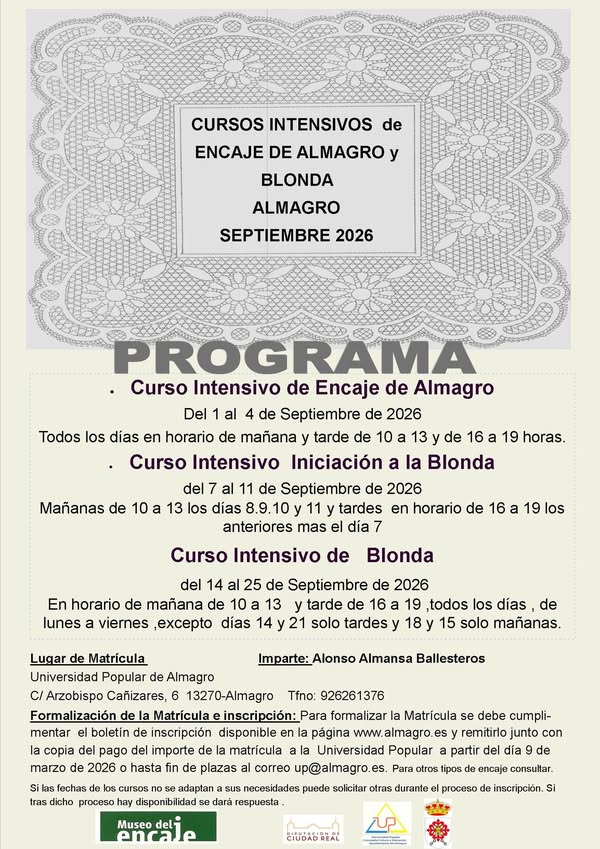 Inscripciones abiertas para cursos intensivos de Encaje y Blonda en Almagro, septiembre 2026.