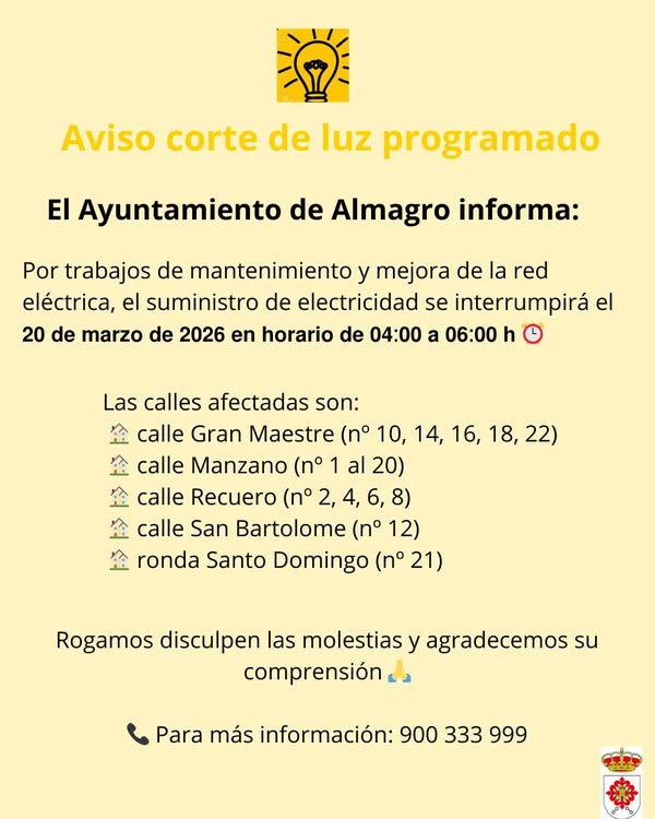 Aviso de Corte de Luz Programado en Almagro el 20 de Marzo de 2026
