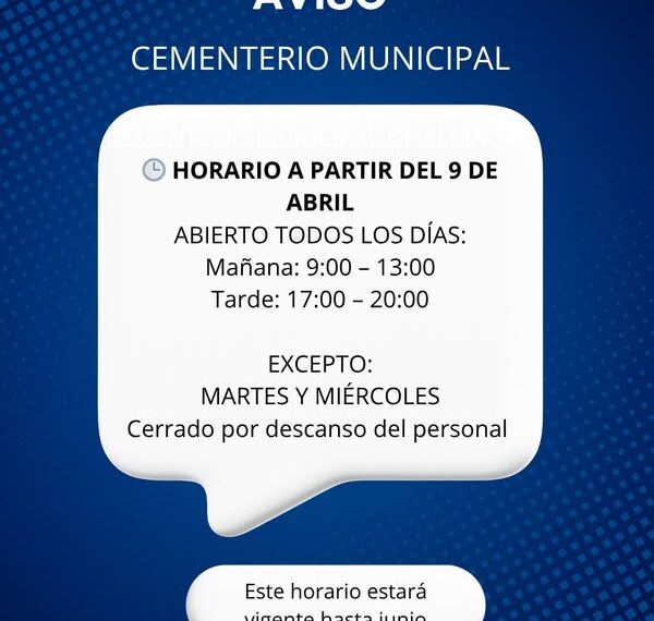 Horarios del Cementerio Municipal de Almagro hasta junio: cerrado martes y miércoles.