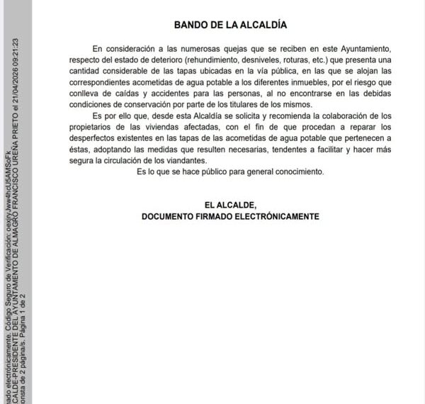 El Ayuntamiento busca colaboración para reparar tapas de agua en mal estado y prevenir accidentes