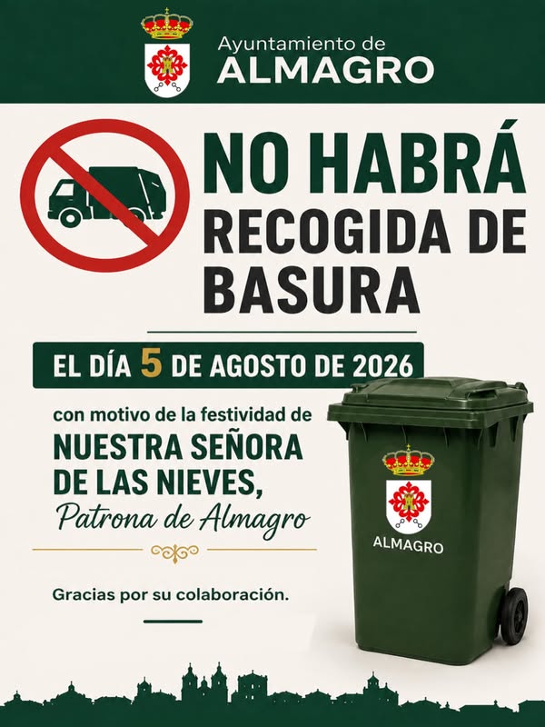Suspensión de la recogida de basura en Almagro el 5 de agosto por festividad local