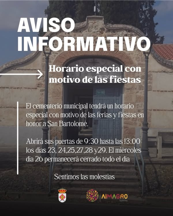 Horario especial del cementerio por Fiestas de San Bartolomé 2026: cerrado el 26 de agosto.