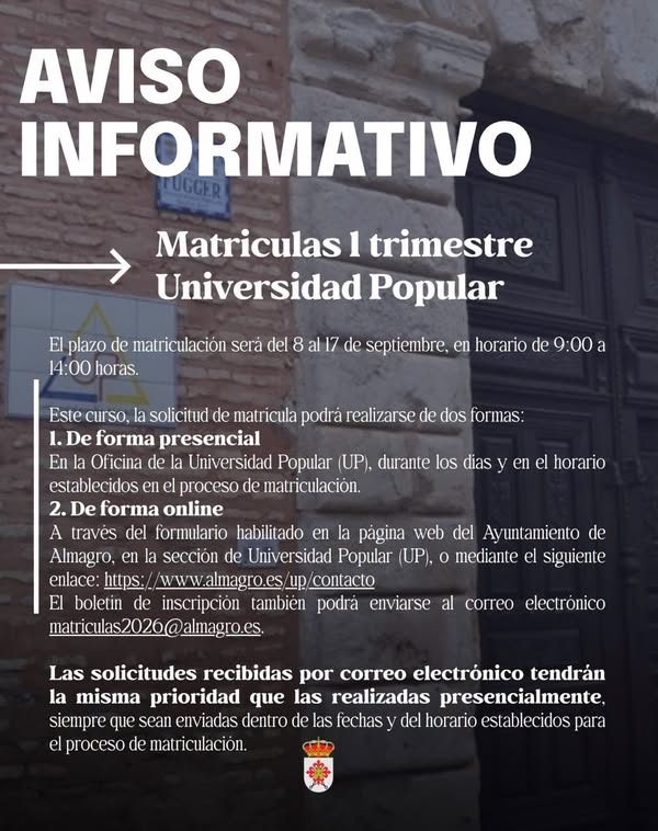 Formaliza tu matrícula para el curso 2026-2027 del 8 al 17 de septiembre