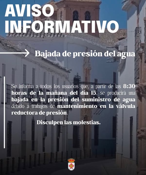 Mañana habrá baja presión de agua desde las 8:30 h por mantenimiento en la reductora.
