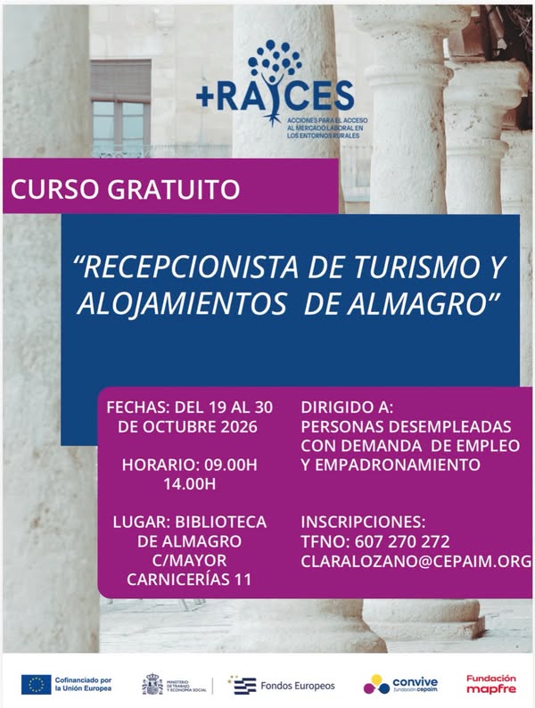 Curso Gratuito de Recepcionista de Turismo en Almagro para Desempleados de la Zona