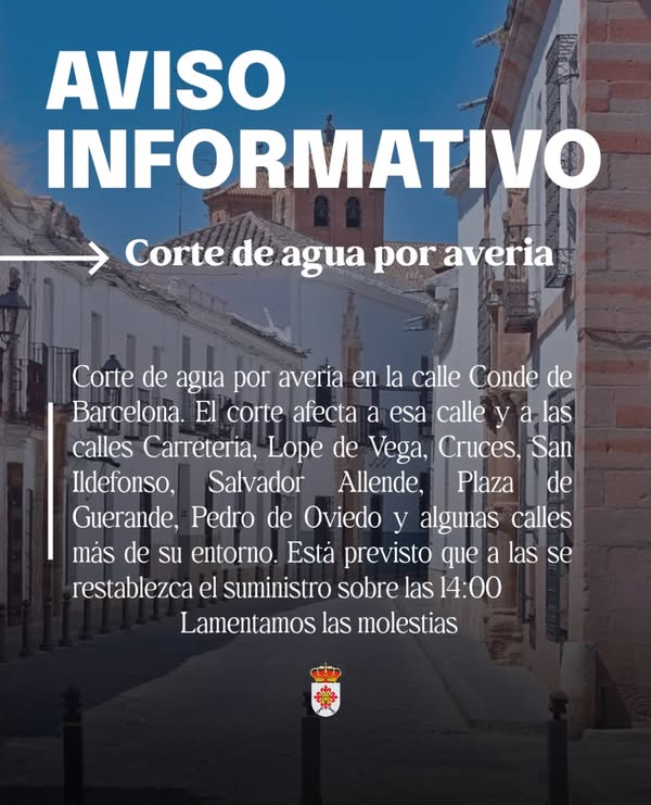 Corte de agua en Conde de Barcelona por avería; servicio restablecido a las 14:00