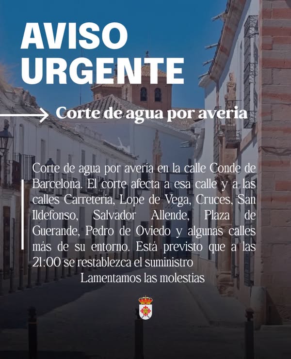 Aviso urgente: Corte de agua por avería en la zona