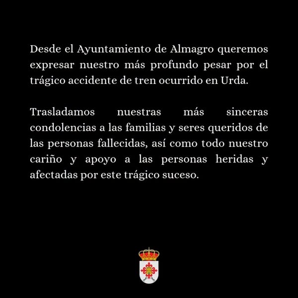 Ayuntamiento de Almagro expresa pesar y solidaridad tras accidente ferroviario en Urda