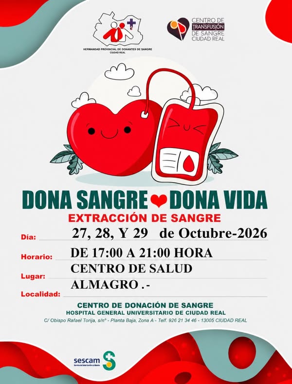 El Ayuntamiento de Almagro te invita a salvar vidas: dona sangre del 27 al 29 de octubre. 5 El Ayuntamiento de Almagro te invita a salvar vidas: dona sangre del 27 al 29 de octubre.